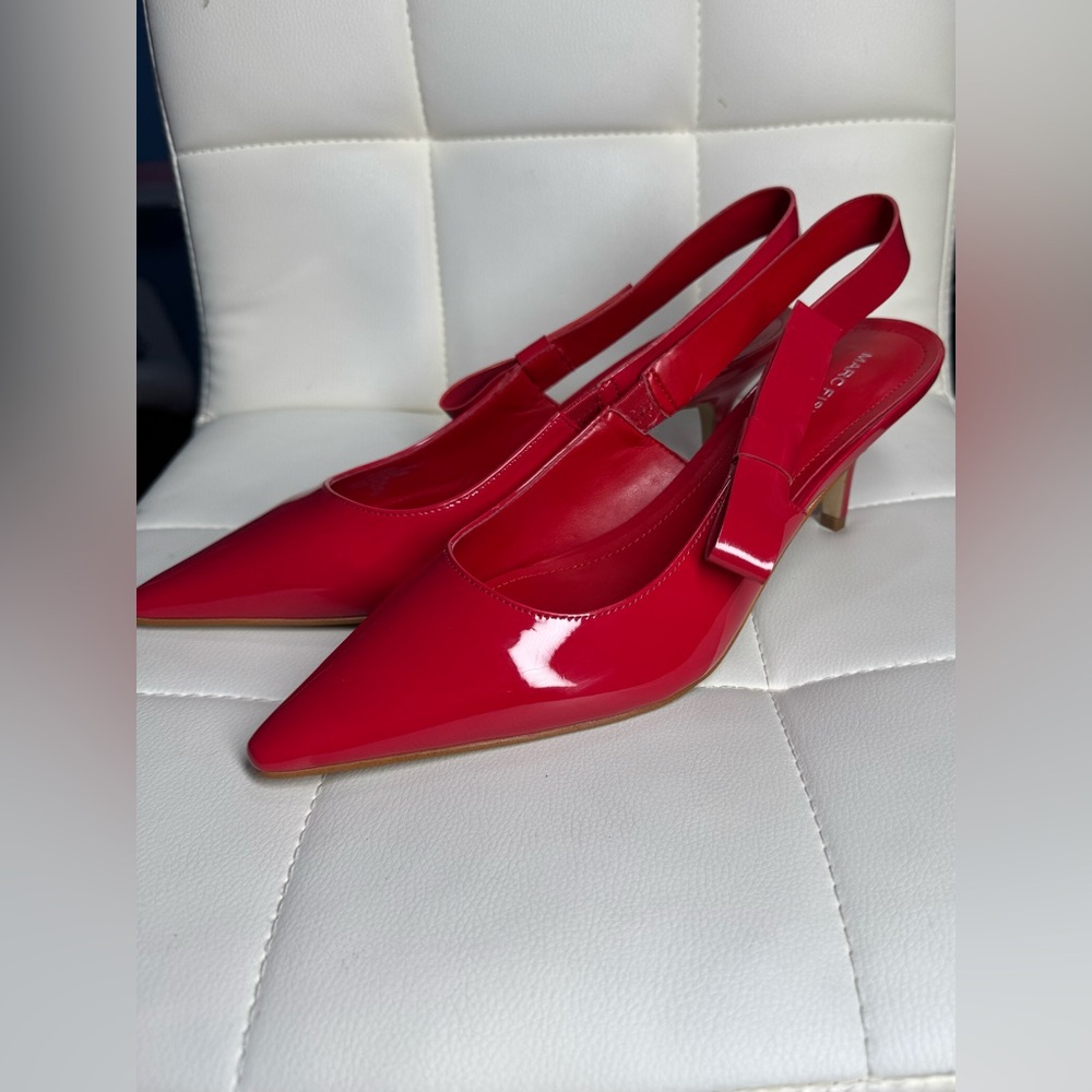 Red Patent Slingback Pointed-Toe Heels with Bow Accent - Picture 14 of 14